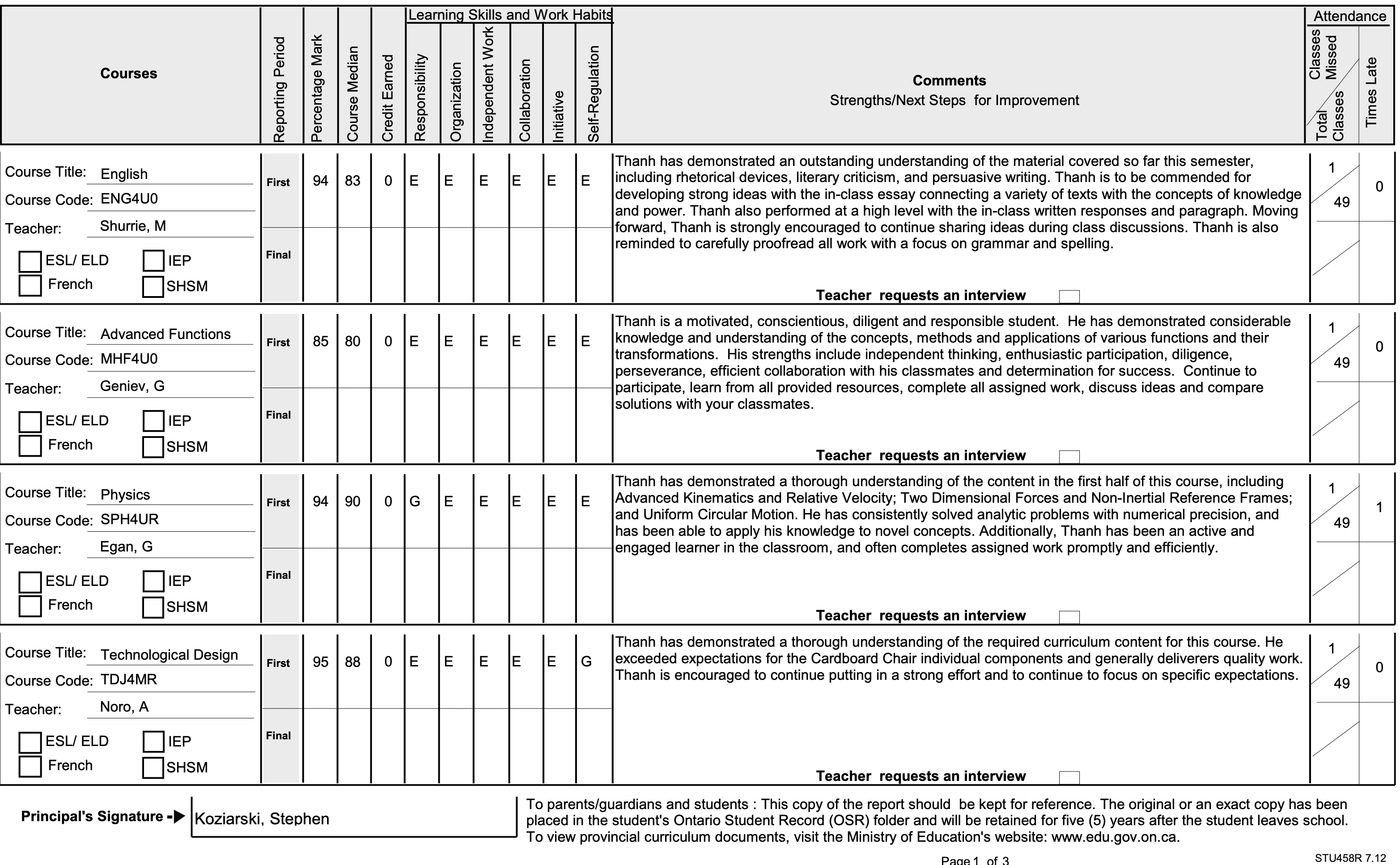 Grade 12 Report Card